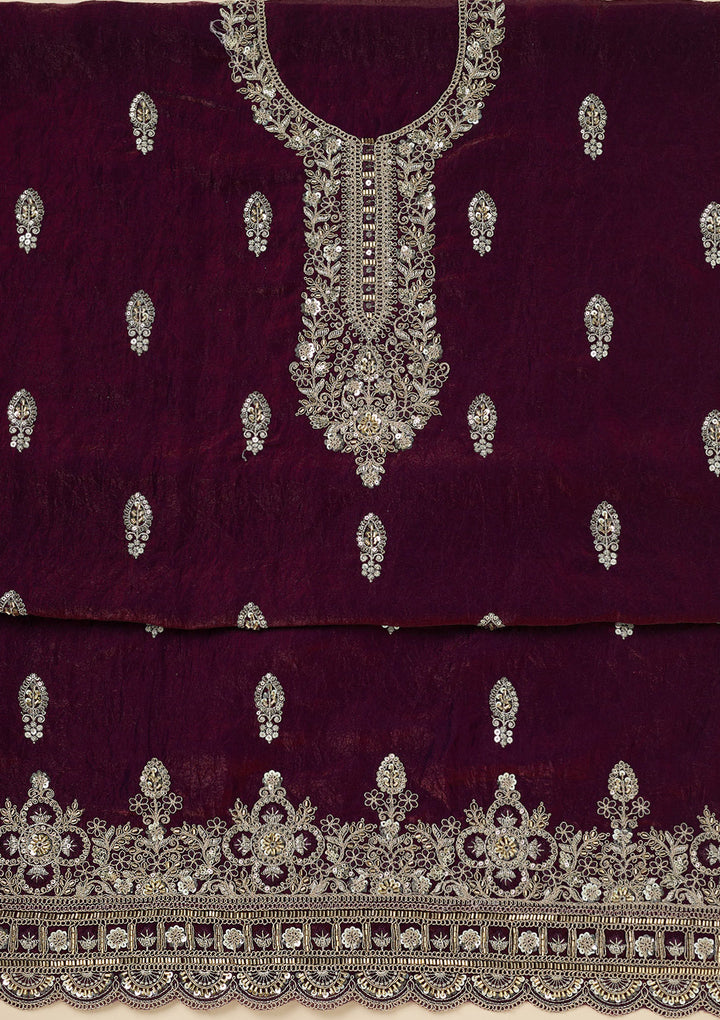 Wine Cutdana Soft Raw Silk Unstitched Salwar Suit