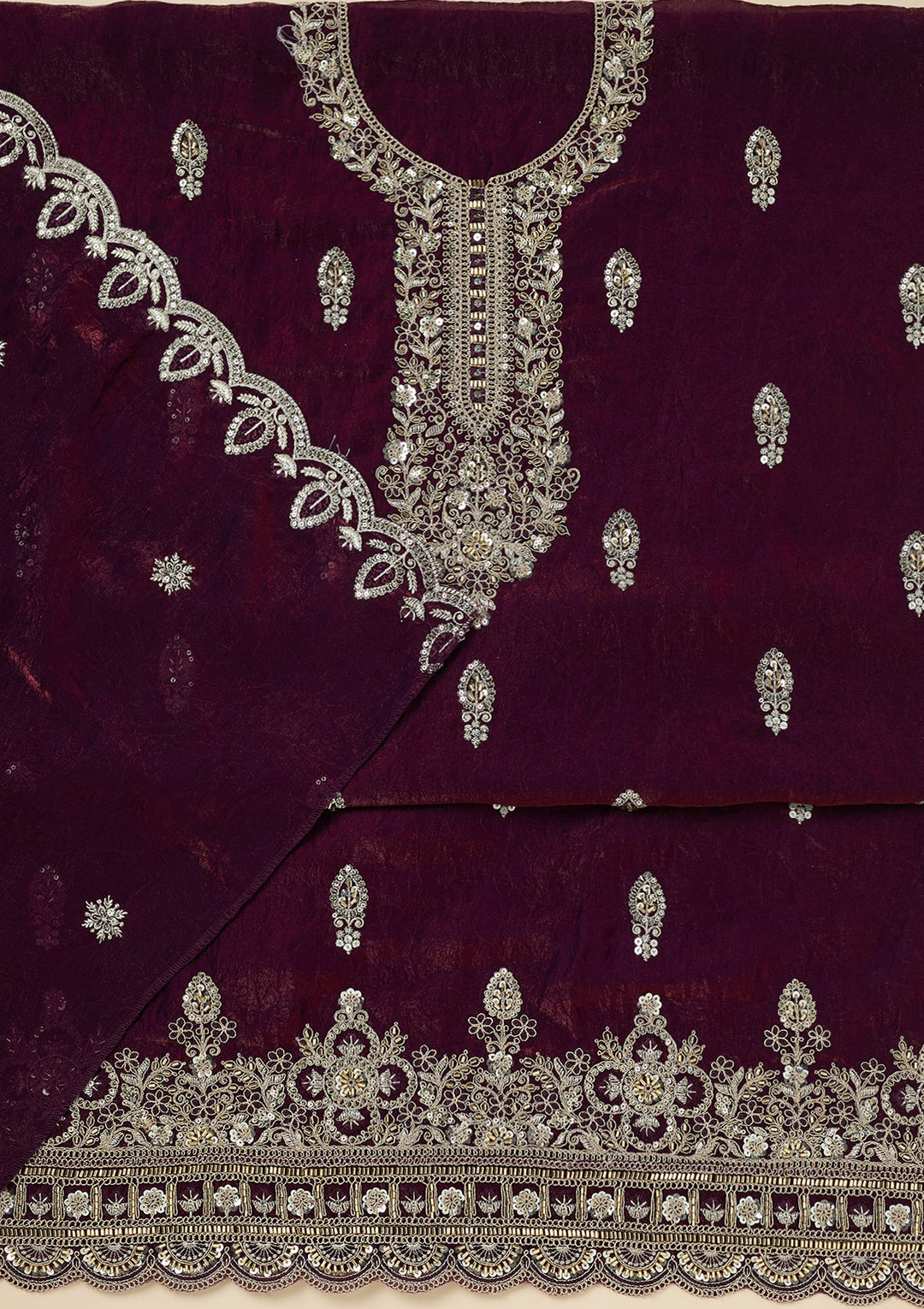 Wine Cutdana Soft Raw Silk Unstitched Salwar Suit