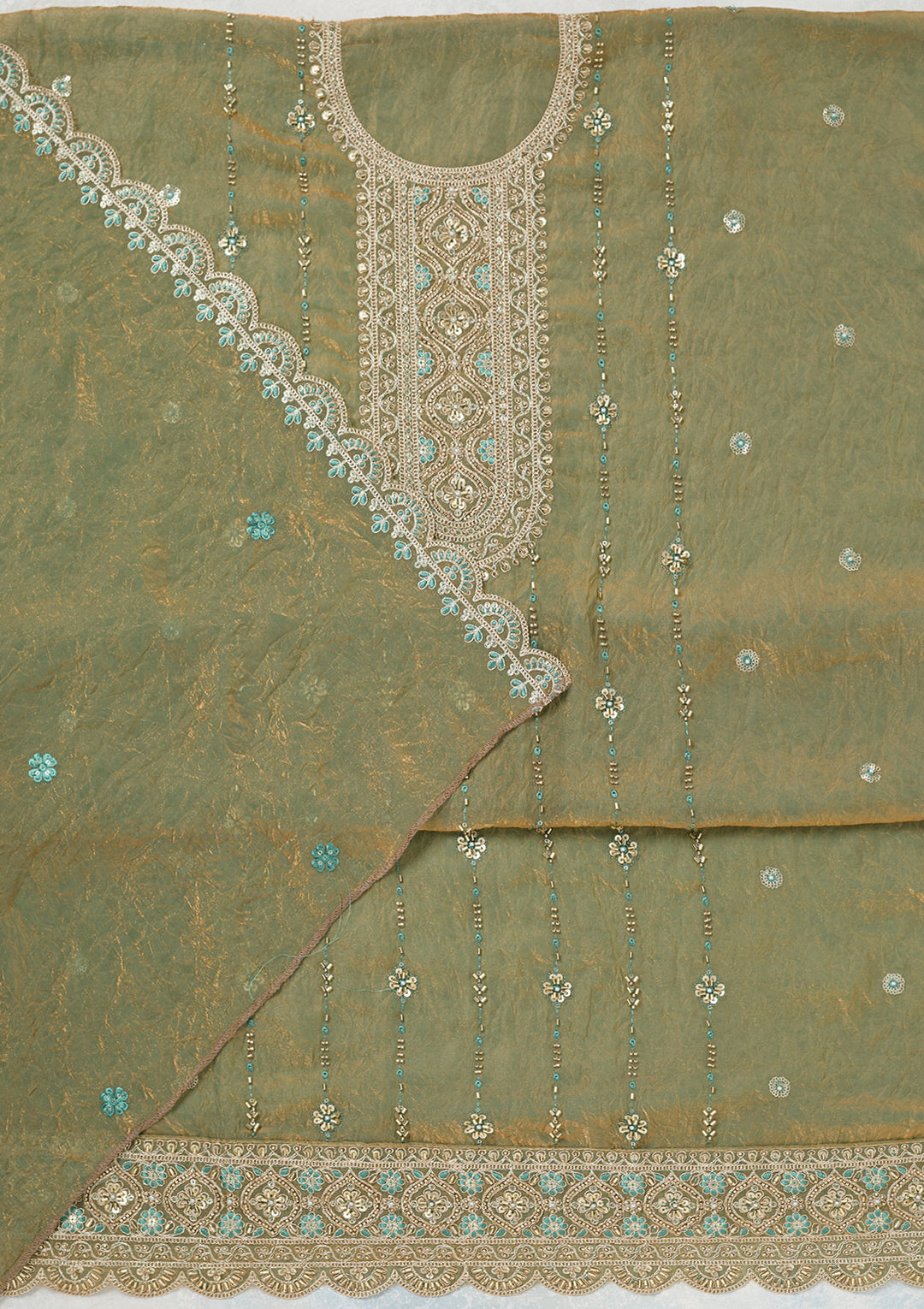 Pista Green Cutdana Tissue Unstitched Salwar Suit