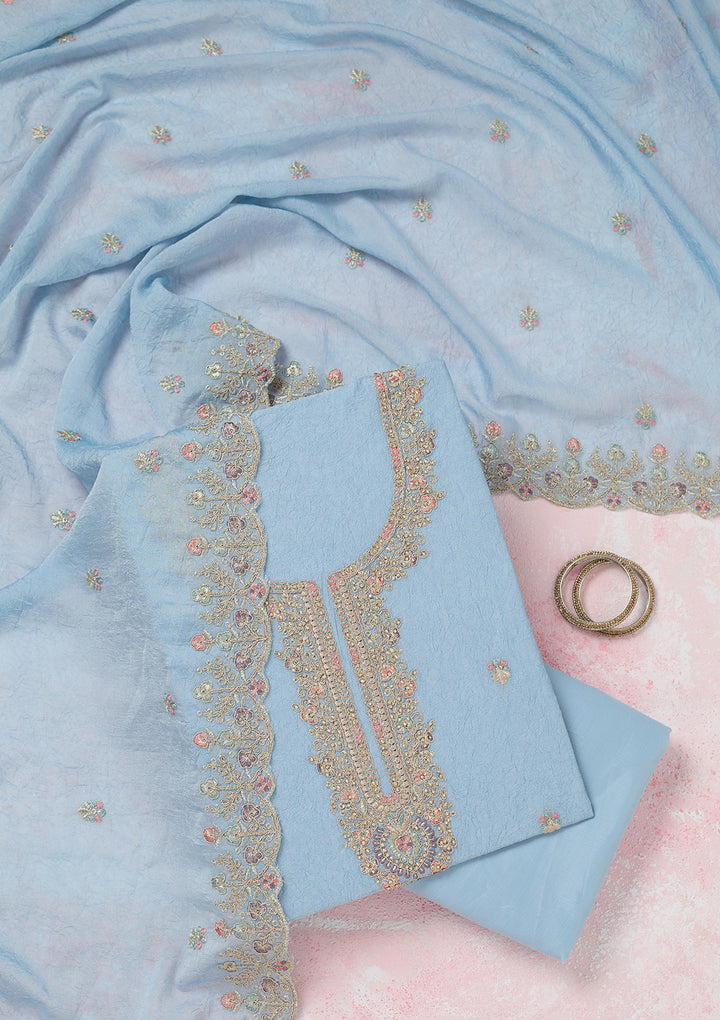 Sky Blue Zariwork (Gold) Chinon Unstitched Salwar Suit