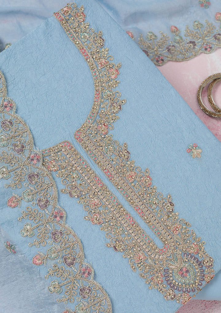 Sky Blue Zariwork (Gold) Chinon Unstitched Salwar Suit