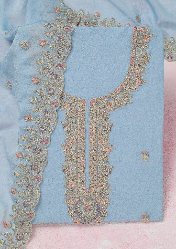 Sky Blue Zariwork (Gold) Chinon Unstitched Salwar Suit