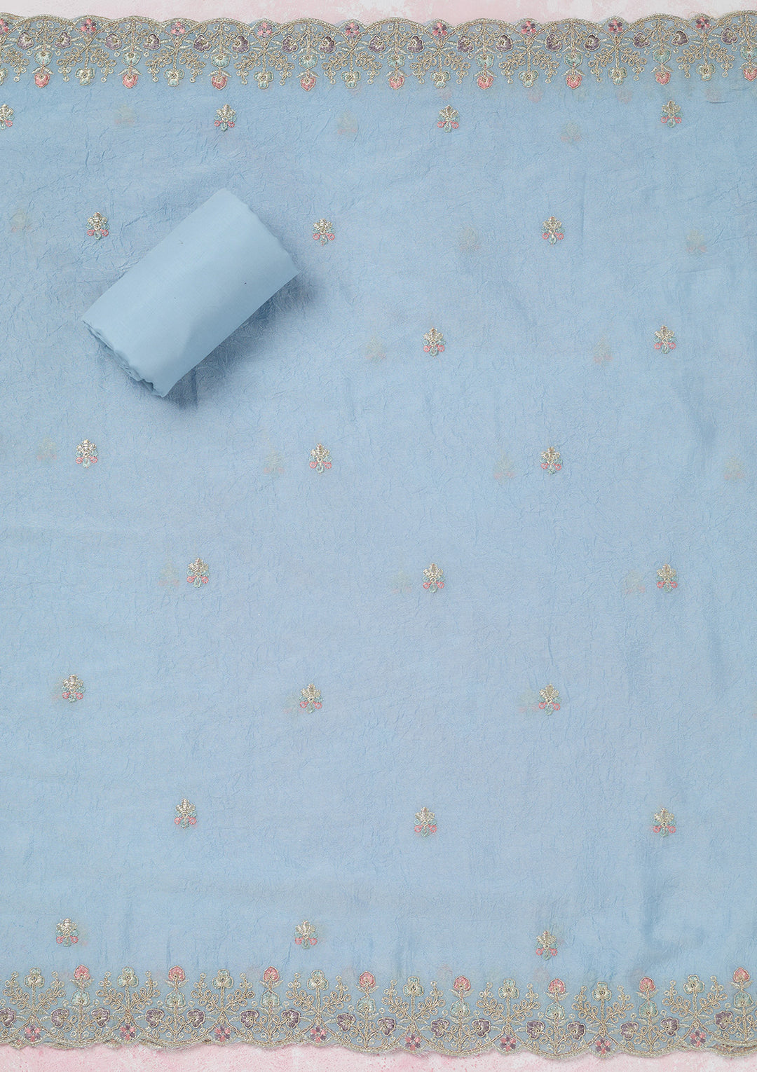 Sky Blue Zariwork (Gold) Chinon Unstitched Salwar Suit