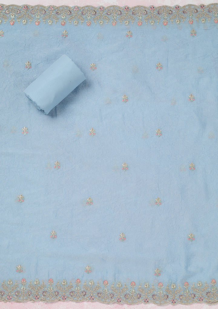 Sky Blue Zariwork (Gold) Chinon Unstitched Salwar Suit