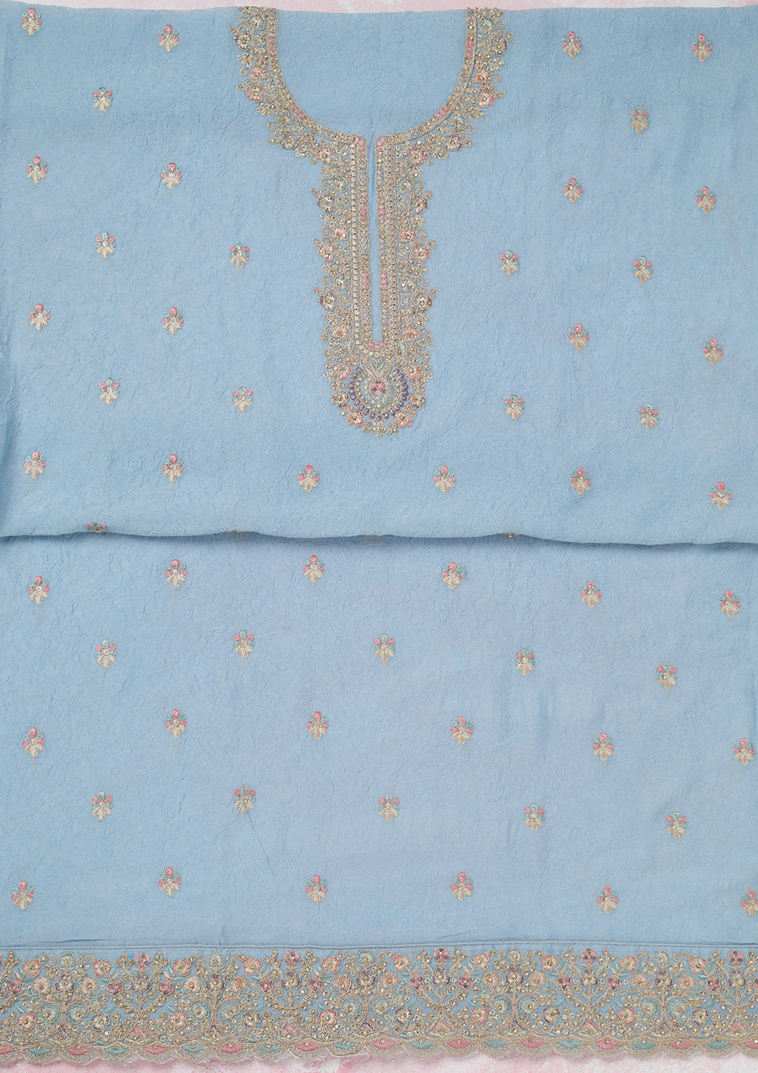 Sky Blue Zariwork (Gold) Chinon Unstitched Salwar Suit