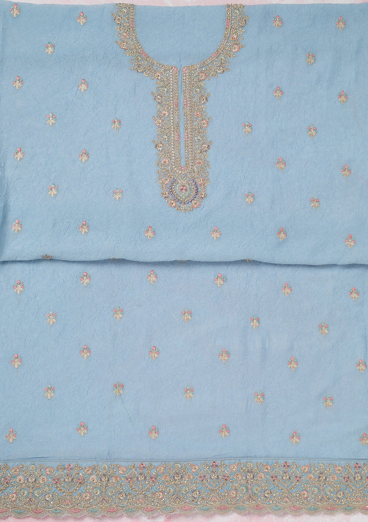 Sky Blue Zariwork (Gold) Chinon Unstitched Salwar Suit