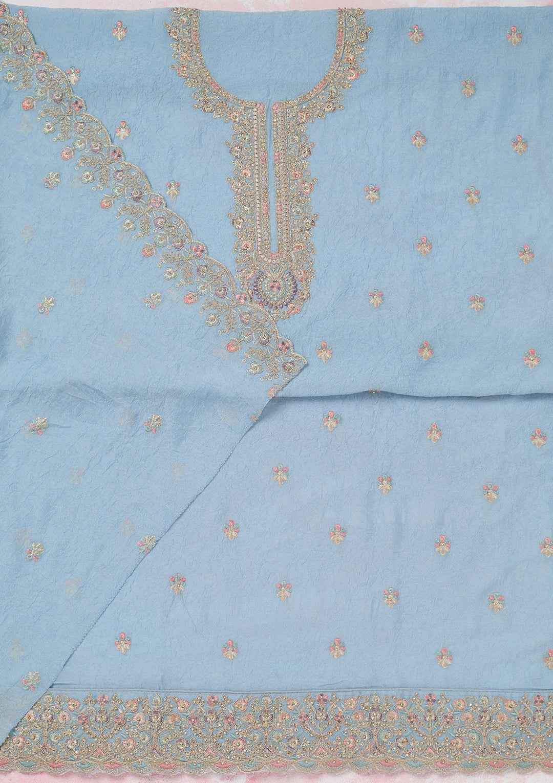 Sky Blue Zariwork (Gold) Chinon Unstitched Salwar Suit