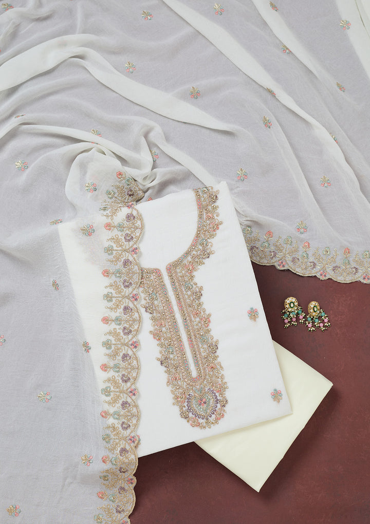 White Zariwork (Gold) Chinon Unstitched Salwar Suit