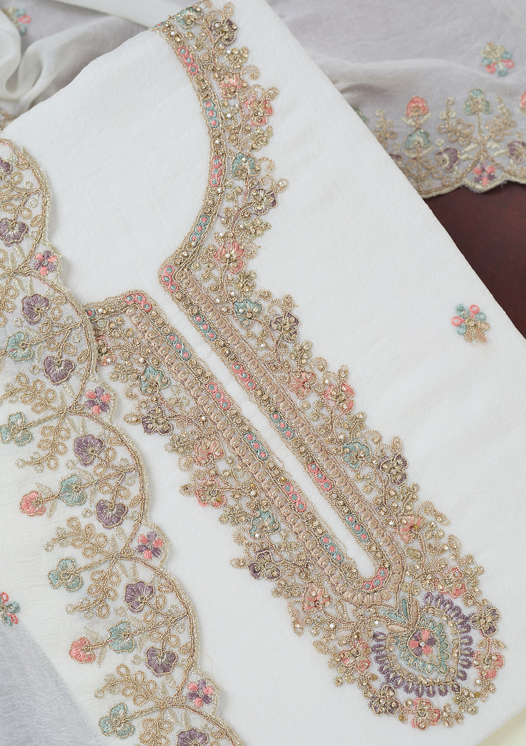 White Zariwork (Gold) Chinon Unstitched Salwar Suit