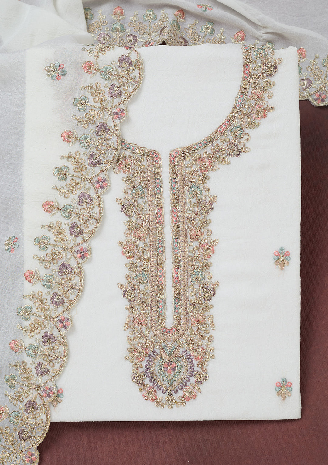 White Zariwork (Gold) Chinon Unstitched Salwar Suit