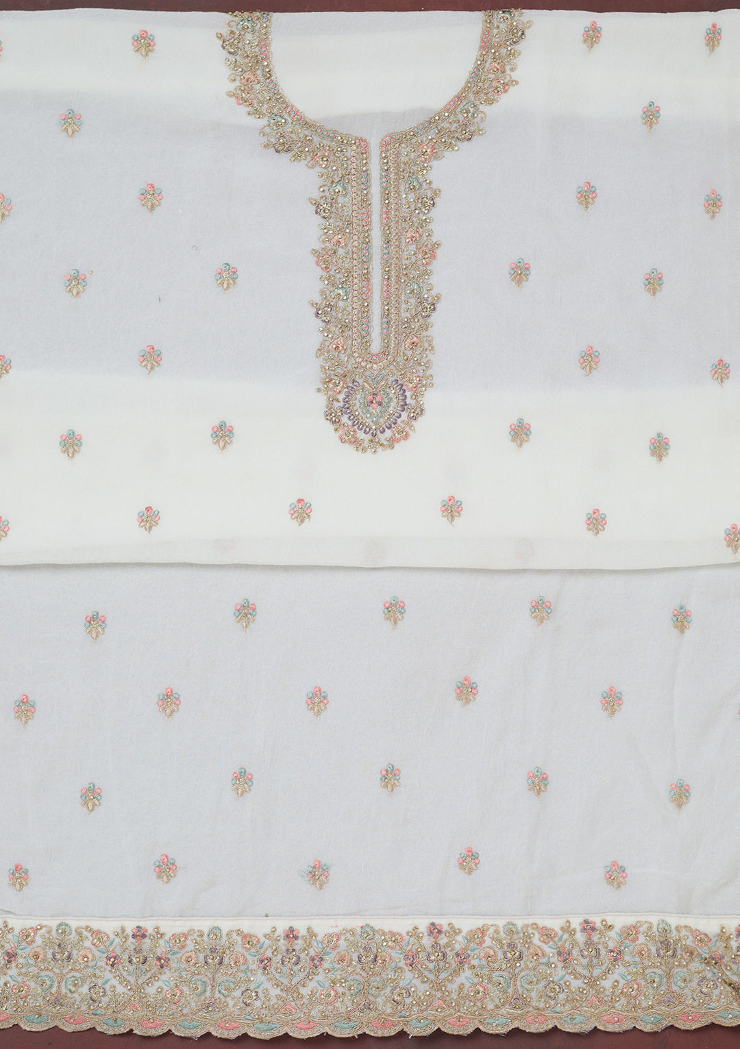 White Zariwork (Gold) Chinon Unstitched Salwar Suit