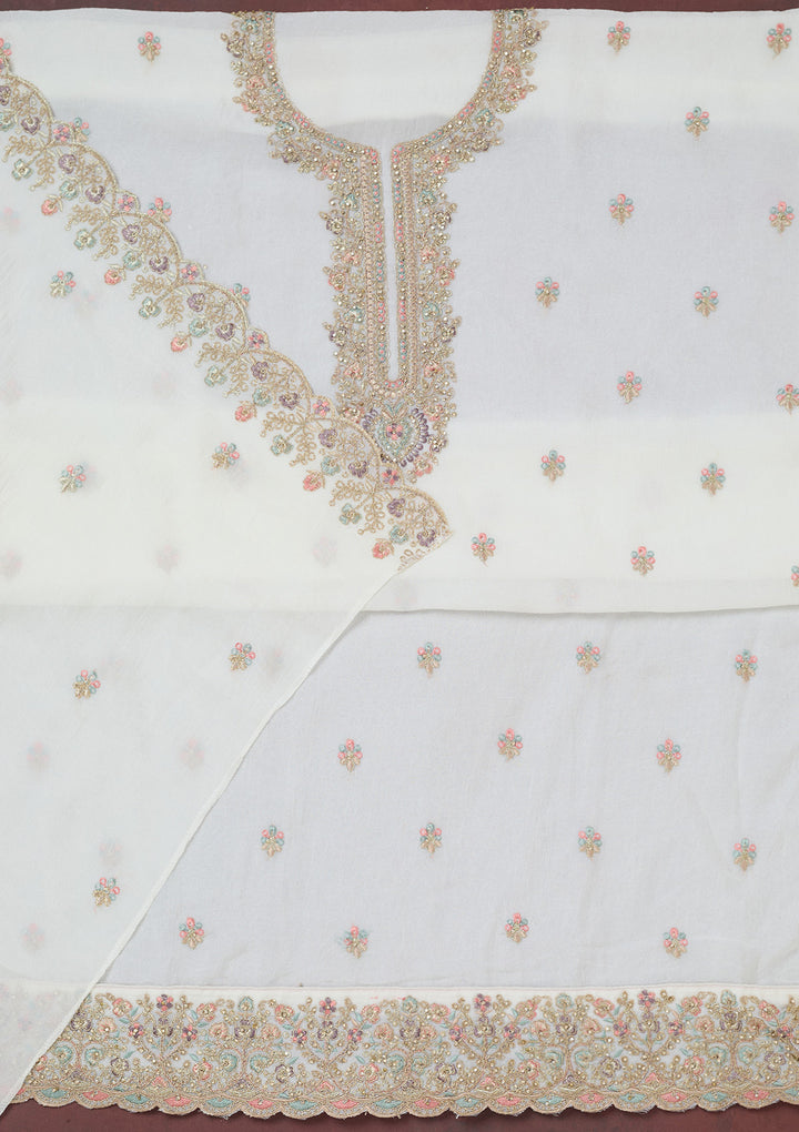 White Zariwork (Gold) Chinon Unstitched Salwar Suit