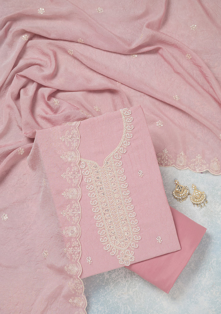 Pink Pearlwork Soft Raw Silk Unstitched Salwar Suit