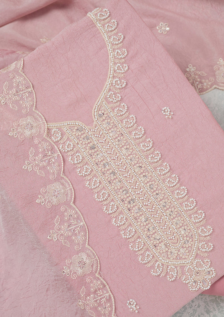 Pink Pearlwork Soft Raw Silk Unstitched Salwar Suit