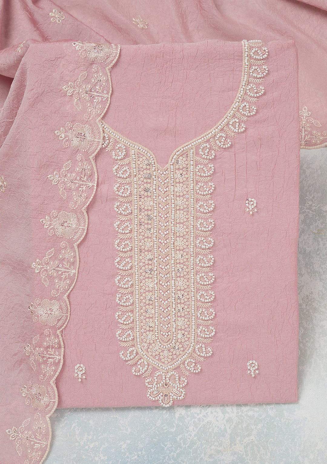 Pink Pearlwork Soft Raw Silk Unstitched Salwar Suit