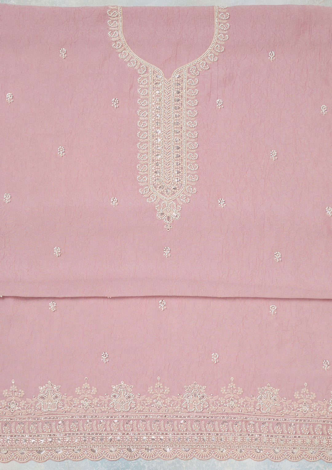 Pink Pearlwork Soft Raw Silk Unstitched Salwar Suit