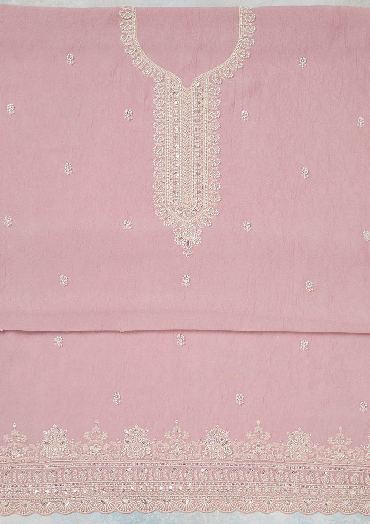 Pink Pearlwork Soft Raw Silk Unstitched Salwar Suit