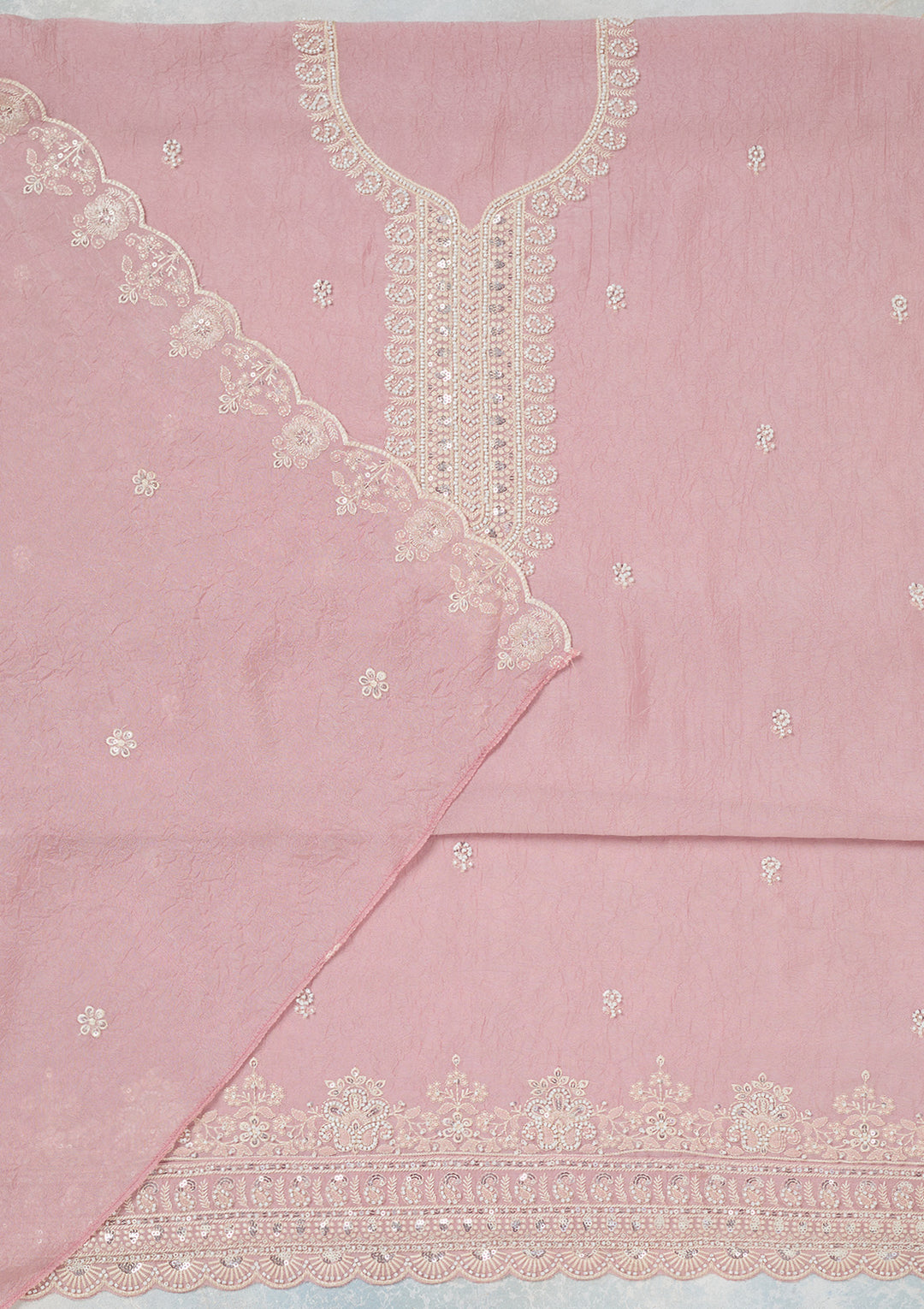 Pink Pearlwork Soft Raw Silk Unstitched Salwar Suit