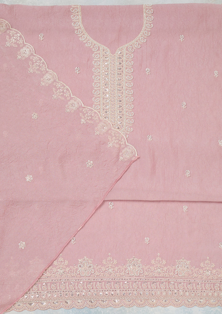 Pink Pearlwork Soft Raw Silk Unstitched Salwar Suit