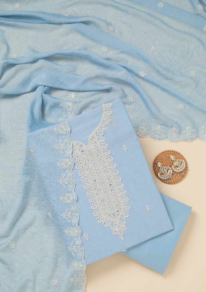 Sky Blue Pearlwork Soft Raw Silk Unstitched Salwar Suit