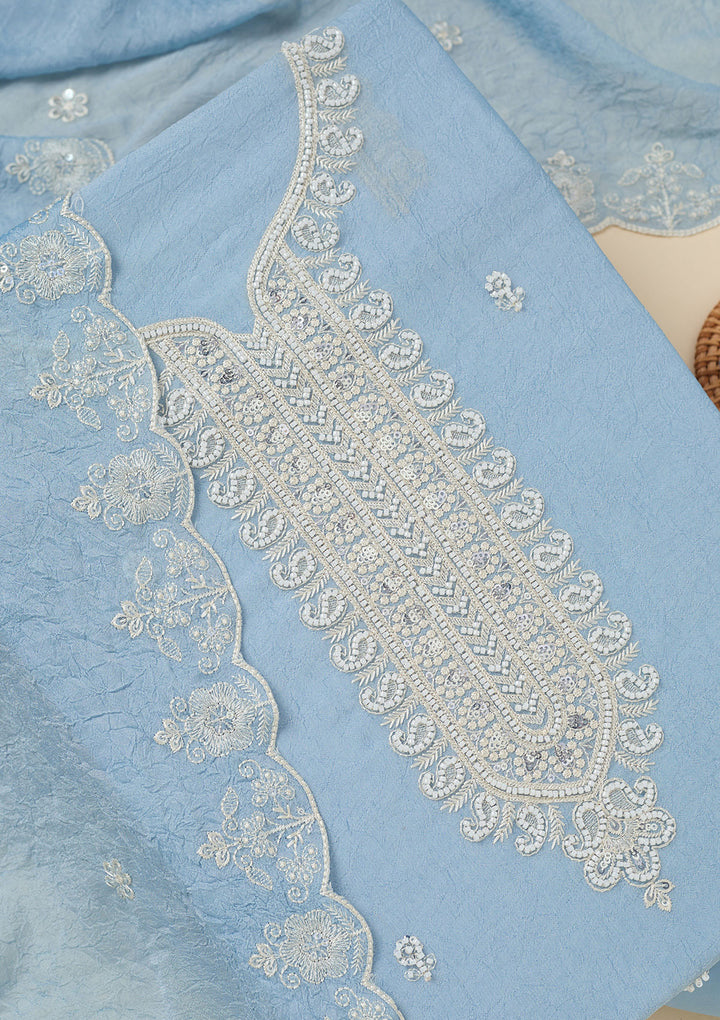Sky Blue Pearlwork Soft Raw Silk Unstitched Salwar Suit
