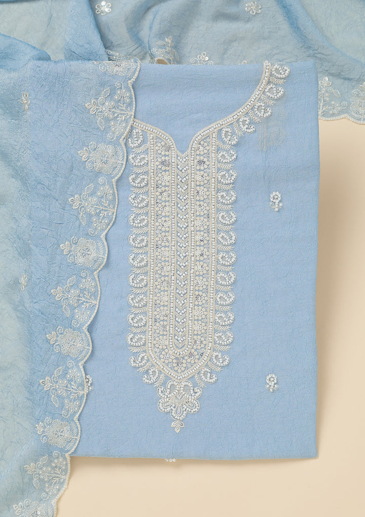 Sky Blue Pearlwork Soft Raw Silk Unstitched Salwar Suit