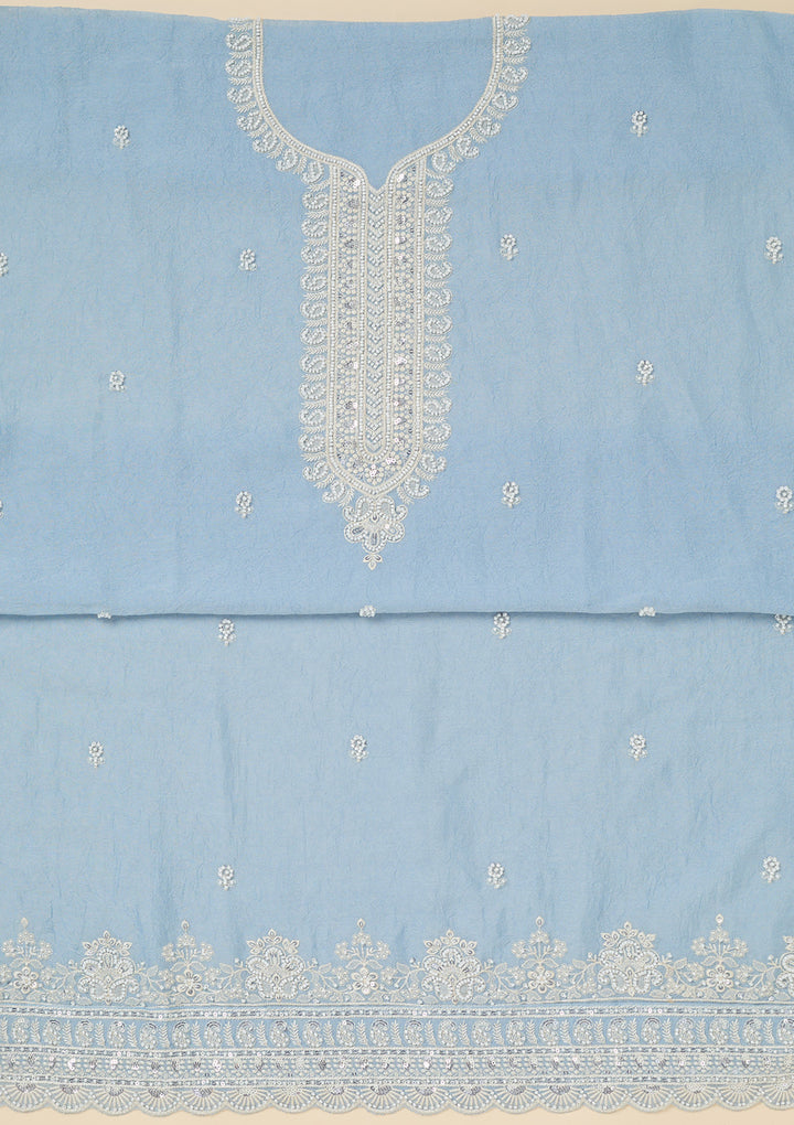 Sky Blue Pearlwork Soft Raw Silk Unstitched Salwar Suit