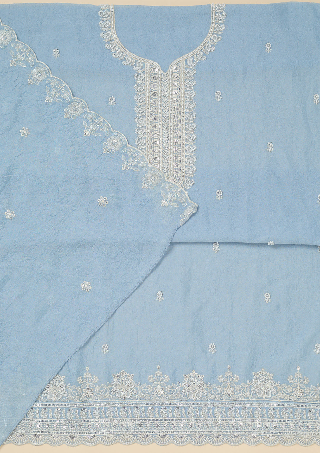 Sky Blue Pearlwork Soft Raw Silk Unstitched Salwar Suit