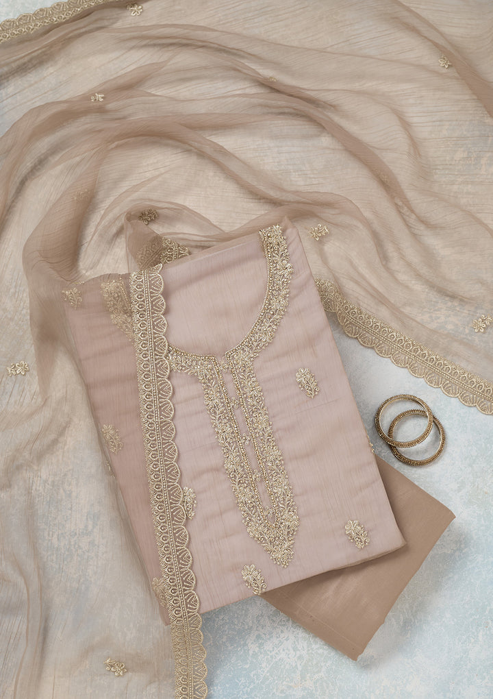Light Brown Zariwork (Gold) Chiffon Unstitched Salwar Suit