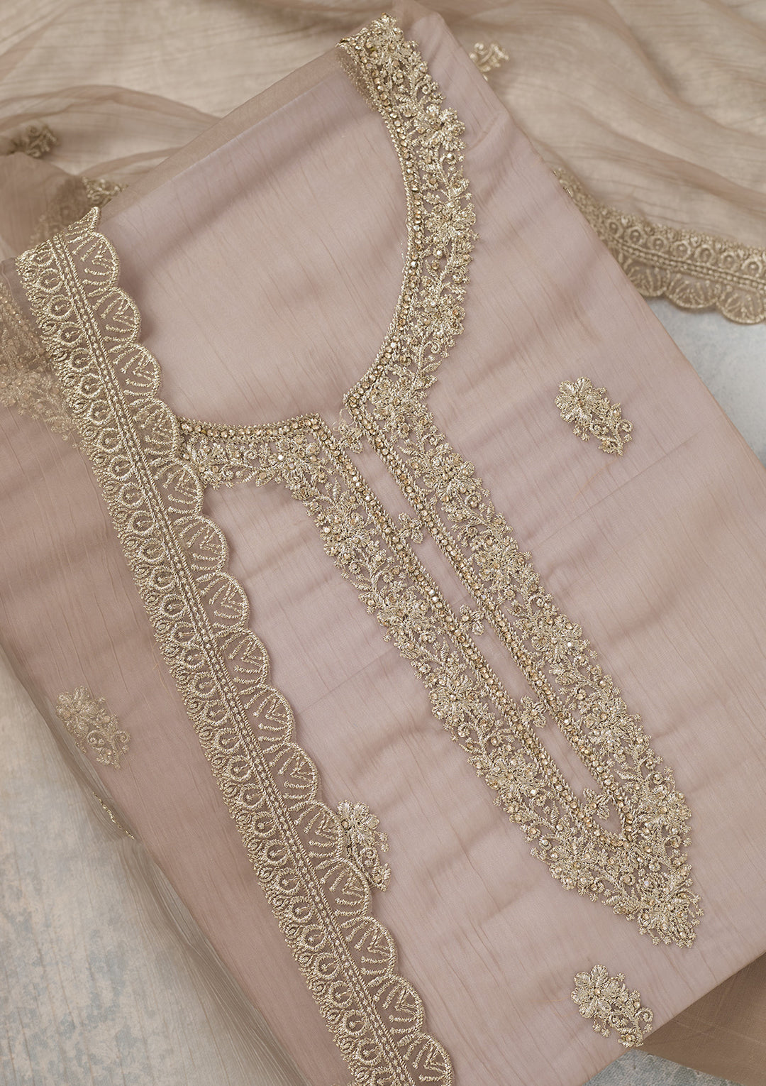 Light Brown Zariwork (Gold) Chiffon Unstitched Salwar Suit