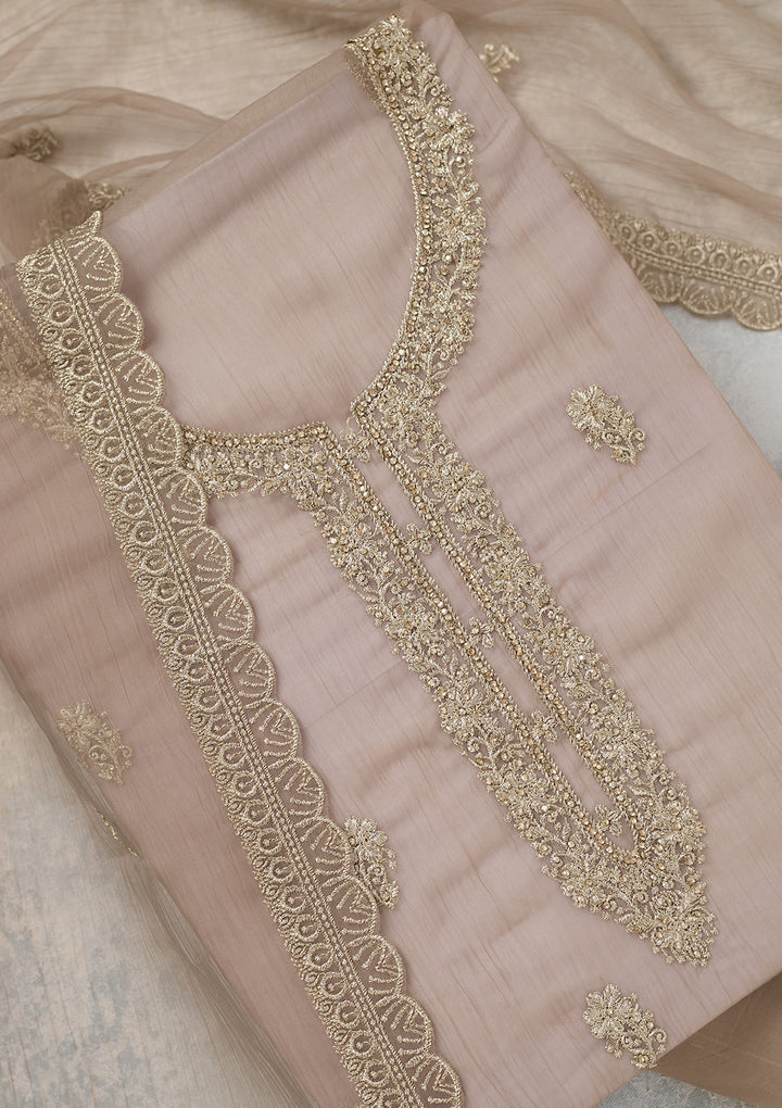 Light Brown Zariwork (Gold) Chiffon Unstitched Salwar Suit
