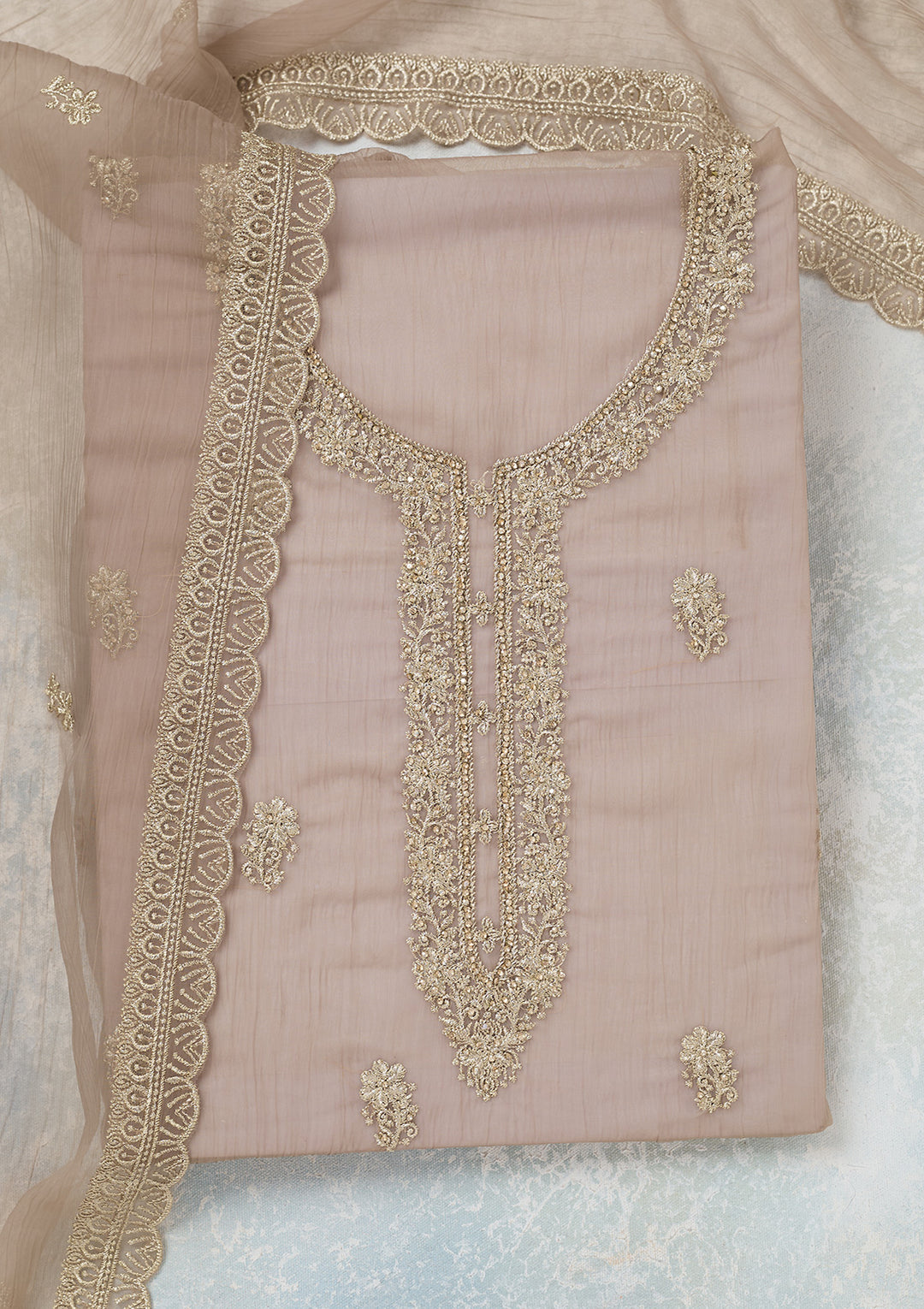 Light Brown Zariwork (Gold) Chiffon Unstitched Salwar Suit