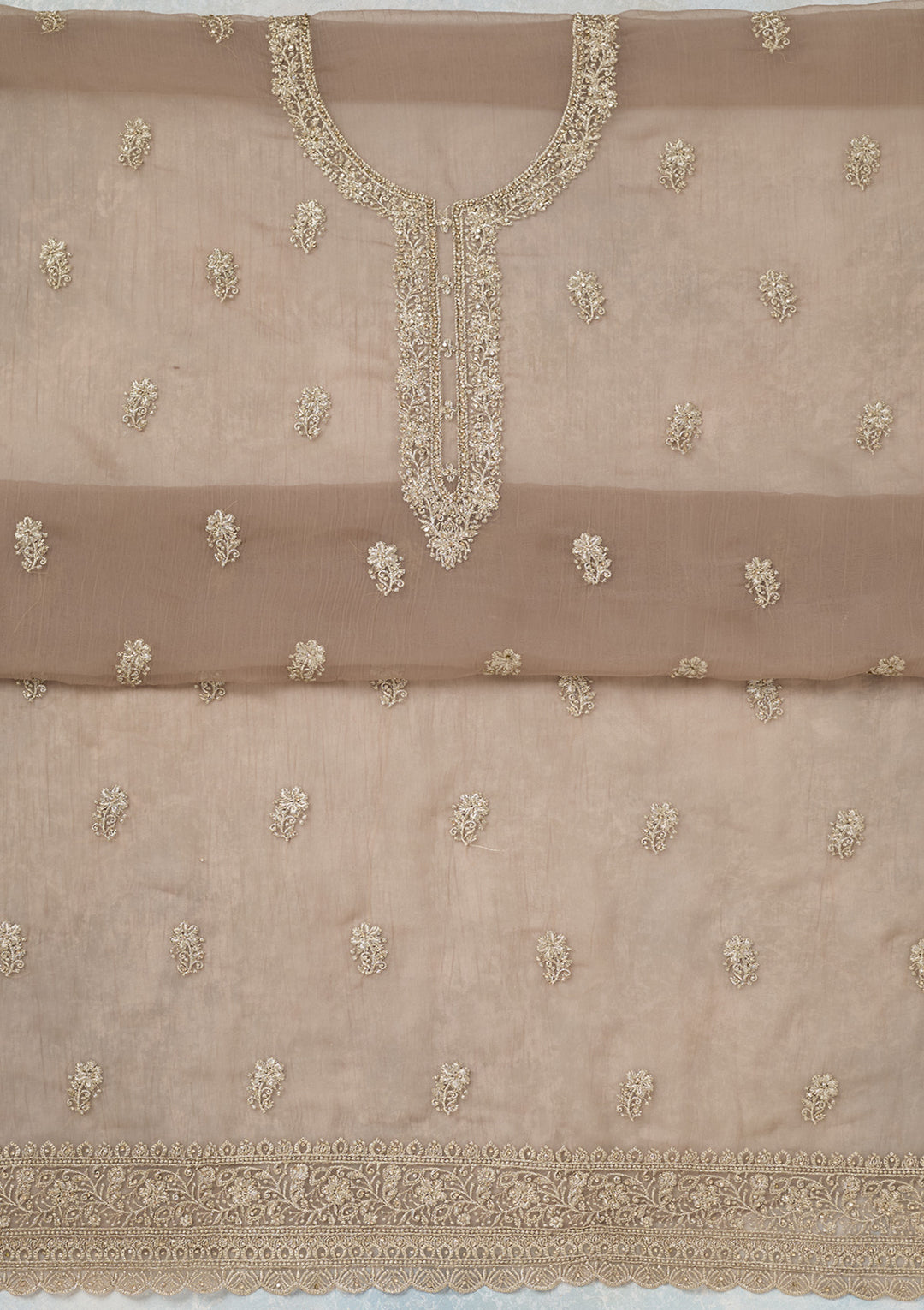 Light Brown Zariwork (Gold) Chiffon Unstitched Salwar Suit