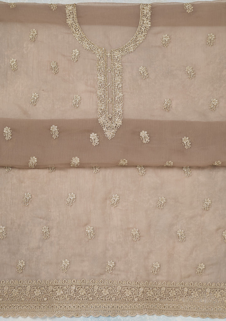 Light Brown Zariwork (Gold) Chiffon Unstitched Salwar Suit