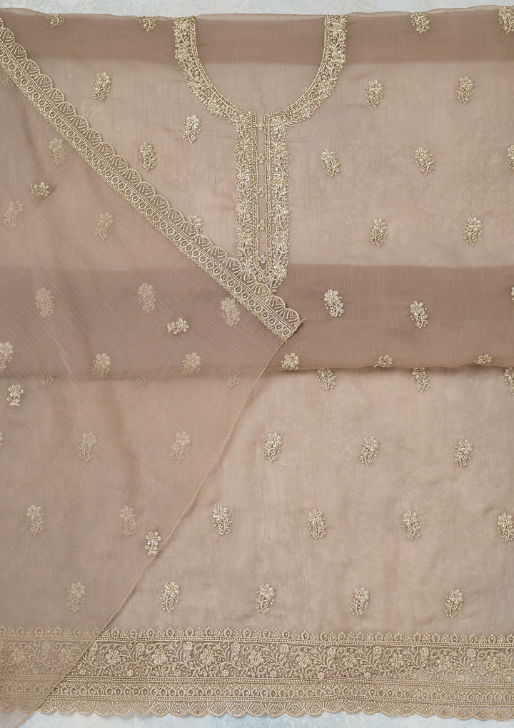 Light Brown Zariwork (Gold) Chiffon Unstitched Salwar Suit