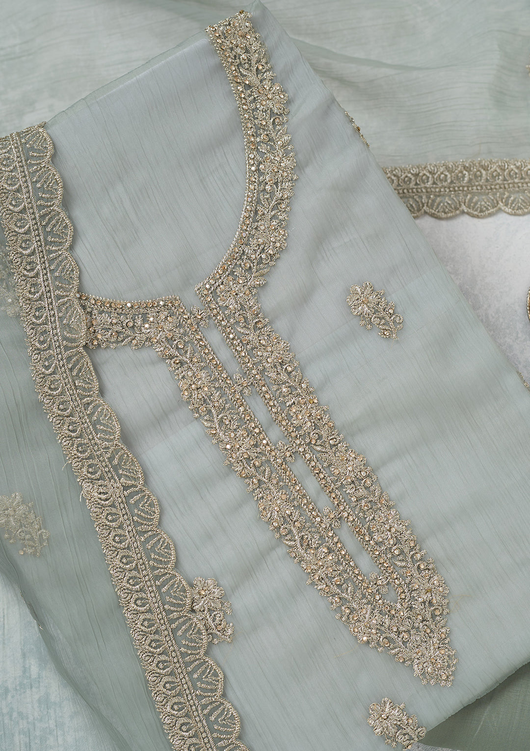 Sea Green Zariwork (Gold) Chiffon Unstitched Salwar Suit