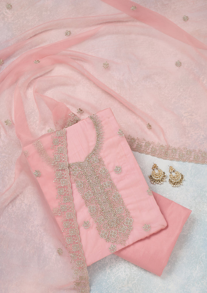 Pink Zariwork (Gold) Chinon Unstitched Salwar Suit