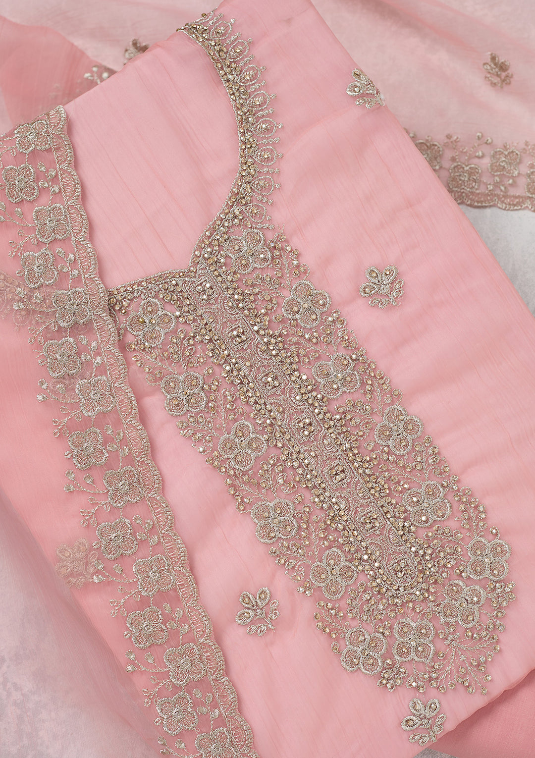 Pink Zariwork (Gold) Chinon Unstitched Salwar Suit