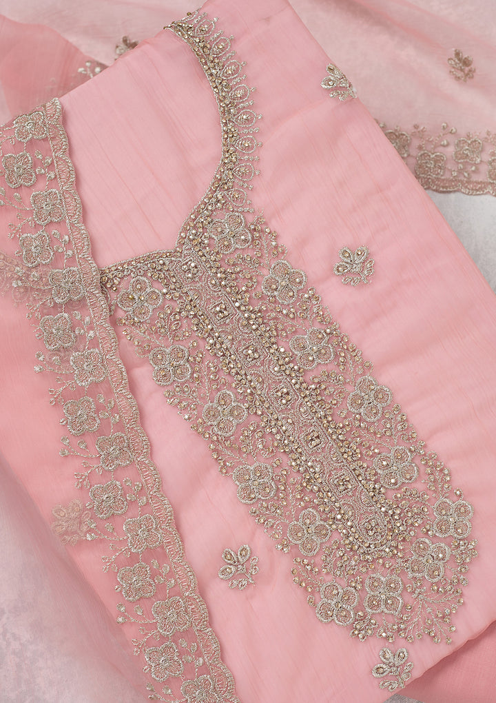Pink Zariwork (Gold) Chinon Unstitched Salwar Suit