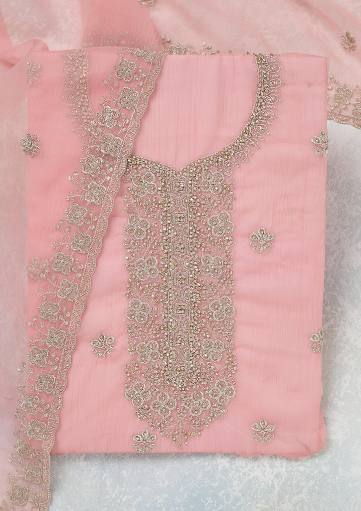 Pink Zariwork (Gold) Chinon Unstitched Salwar Suit