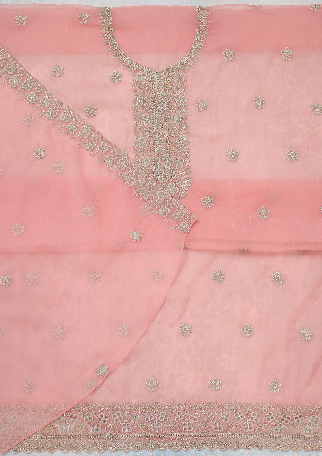 Pink Zariwork (Gold) Chinon Unstitched Salwar Suit