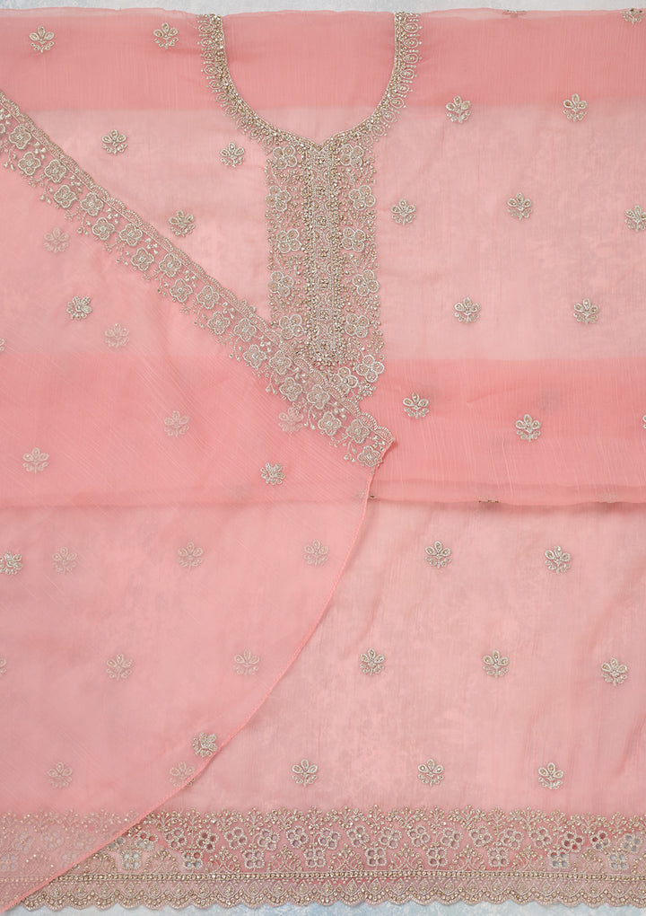 Pink Zariwork (Gold) Chinon Unstitched Salwar Suit
