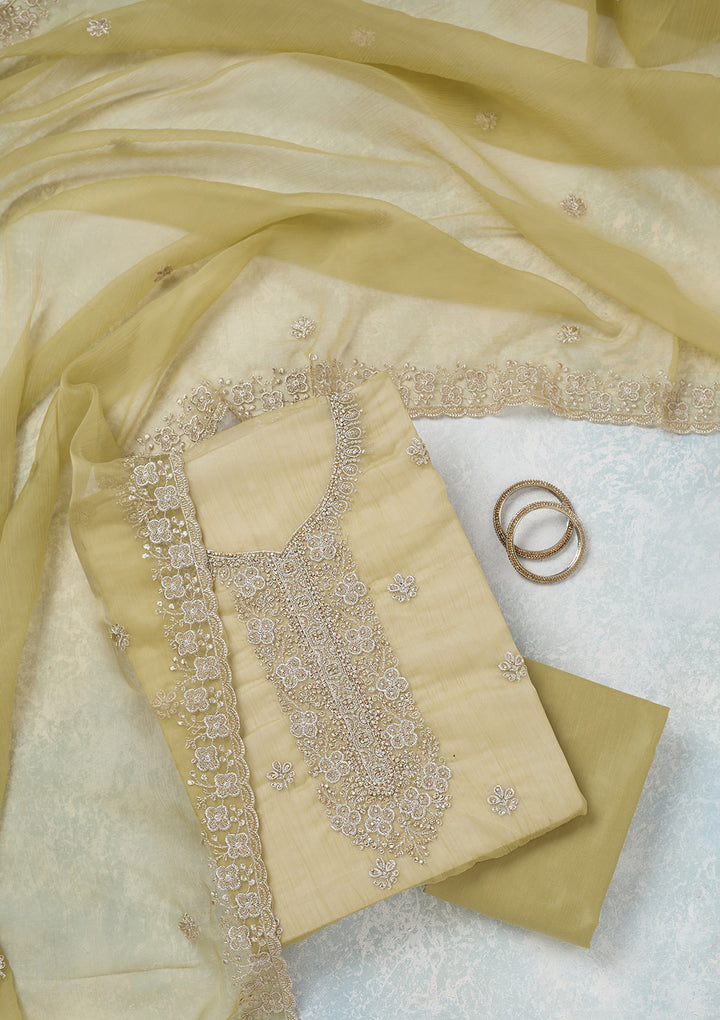 Pista Green Zariwork (Gold) Chinon Unstitched Salwar Suit