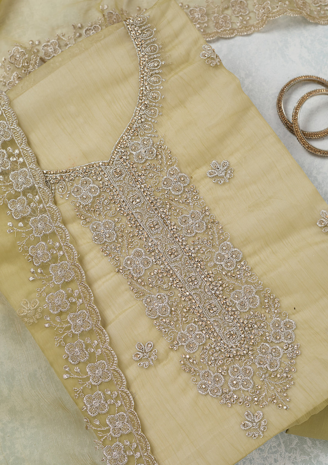 Pista Green Zariwork (Gold) Chinon Unstitched Salwar Suit