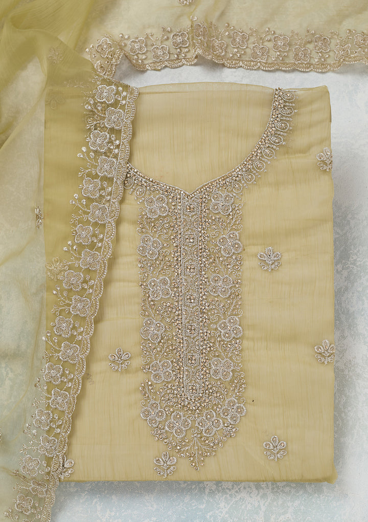 Pista Green Zariwork (Gold) Chinon Unstitched Salwar Suit