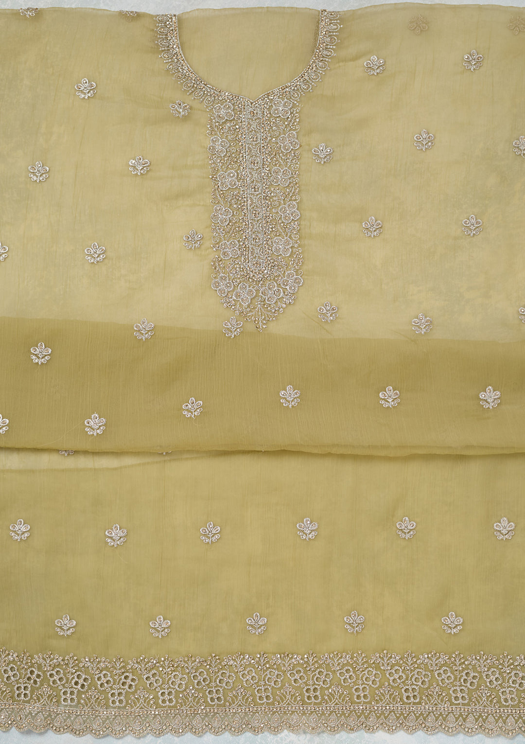 Pista Green Zariwork (Gold) Chinon Unstitched Salwar Suit
