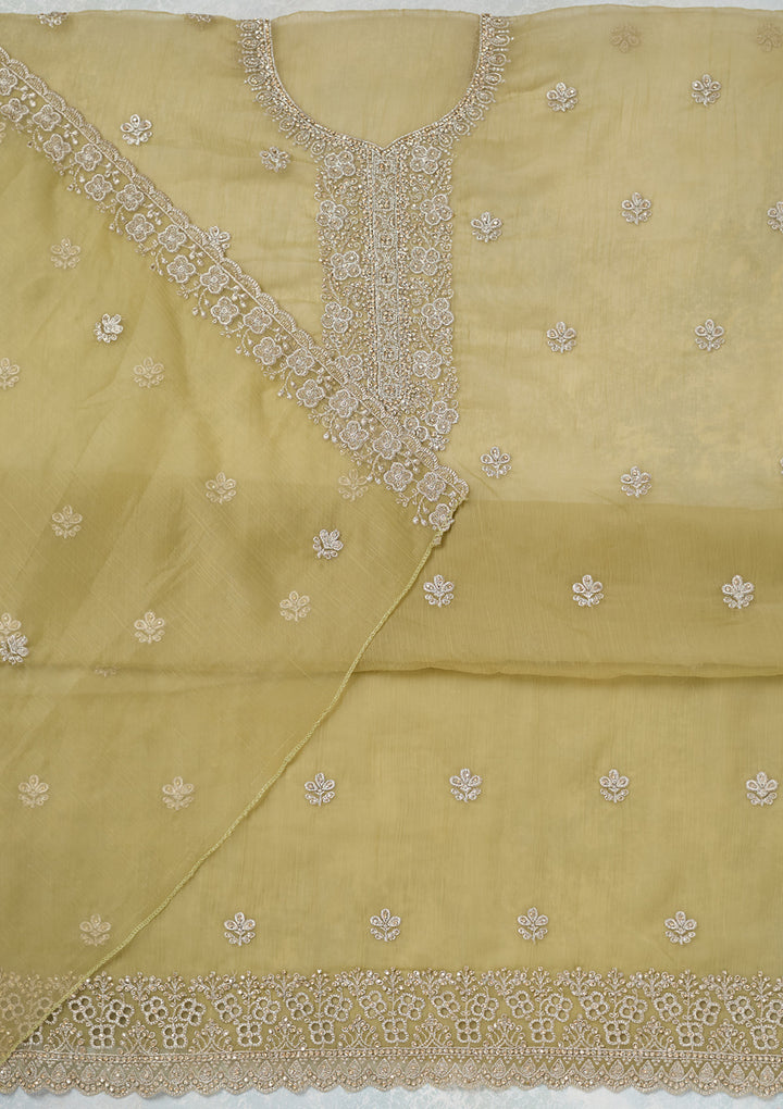 Pista Green Zariwork (Gold) Chinon Unstitched Salwar Suit