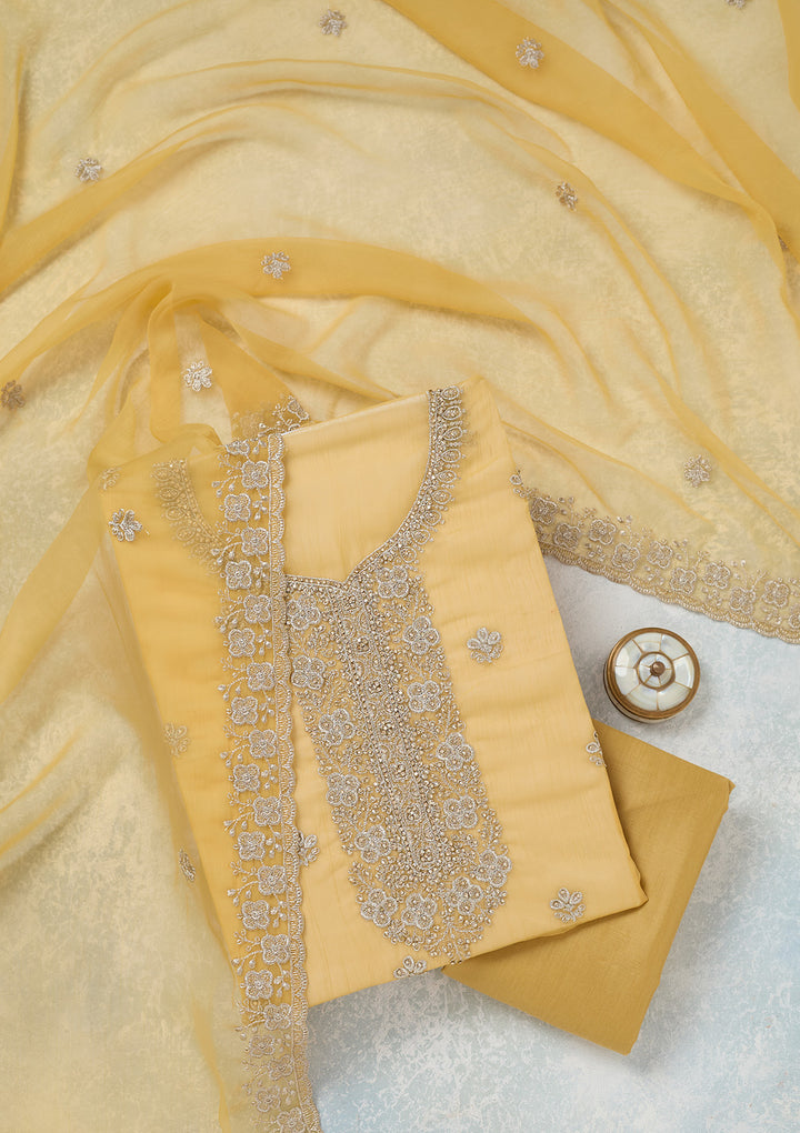 Yellow Zariwork (Gold) Chinon Unstitched Salwar Suit