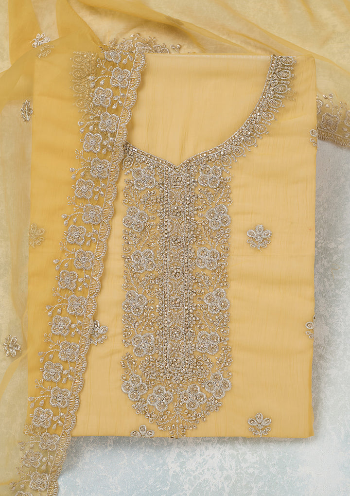 Yellow Zariwork (Gold) Chinon Unstitched Salwar Suit