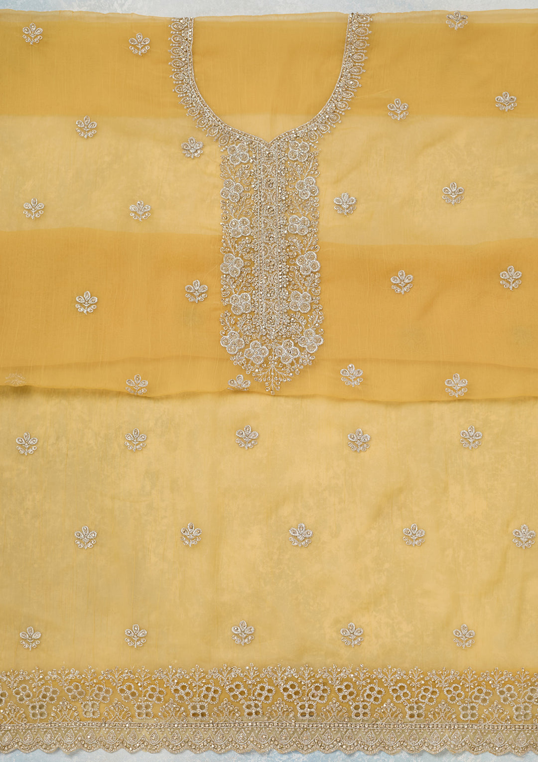 Yellow Zariwork (Gold) Chinon Unstitched Salwar Suit